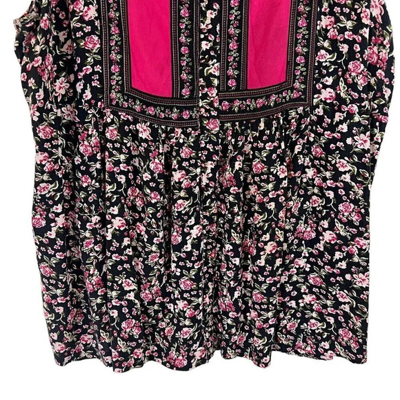 Rose Floral Pattern Tunic Sleeveless Colorblock Hot Pink Green Black White Flowy - Picture 4 of 4